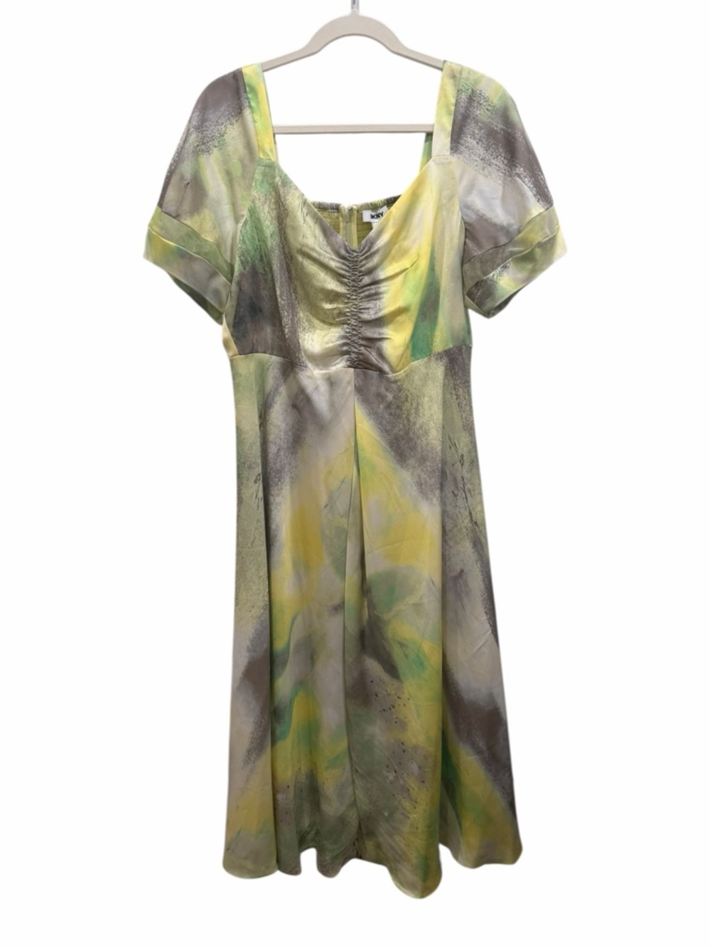 DKNY Printed Satin Midi Dress Watercolor Yellow Green Size Large NEW - Picture 9 of 12